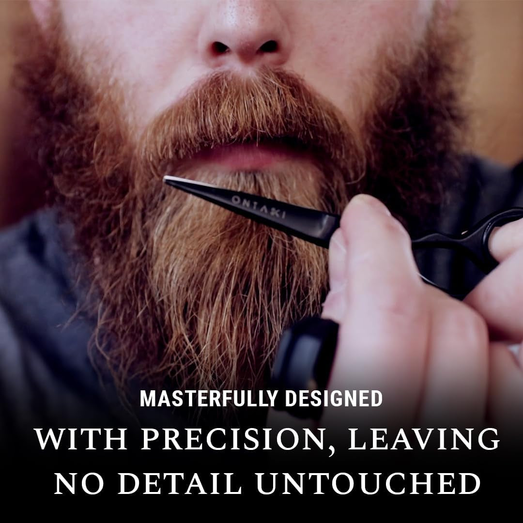 Beard & Moustache Scissors for Men - 5.5" Japanese Steel, Black - Precision Sharp Blades, Ergonomic Finger Rest & Adjustable Tension Screw for Perfect Trimming - Beard Grooming Scissors