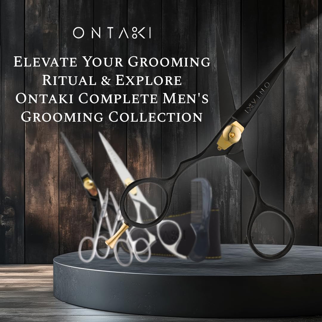 Beard & Moustache Scissors for Men - 5.5" Japanese Steel, Black - Precision Sharp Blades, Ergonomic Finger Rest & Adjustable Tension Screw for Perfect Trimming - Beard Grooming Scissors