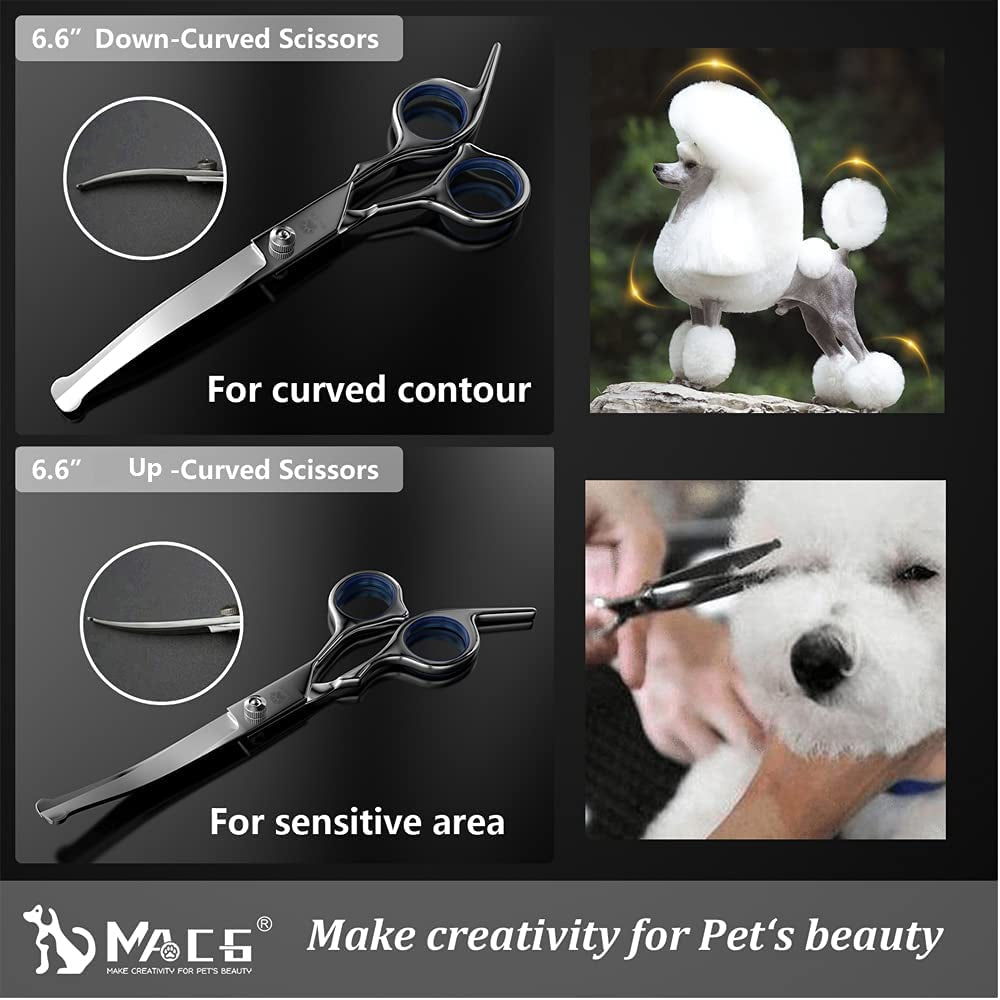 Dog Grooming Scissors Set with Safety round Tip, Titanium Coated Curved, Thinning and Straight Pet Grooming Scissors Kit for Dogs and Cats.