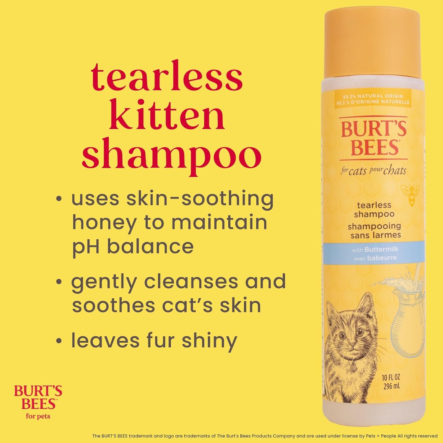 Tearless Kitten Shampoo with Buttermilk and Honey, Gentle Cat Shampoo for Itchy Skin and Sensitive Coats, Easy Rinse Low Lather Formula, 99.3% Natural Origin, 10 Fl Oz